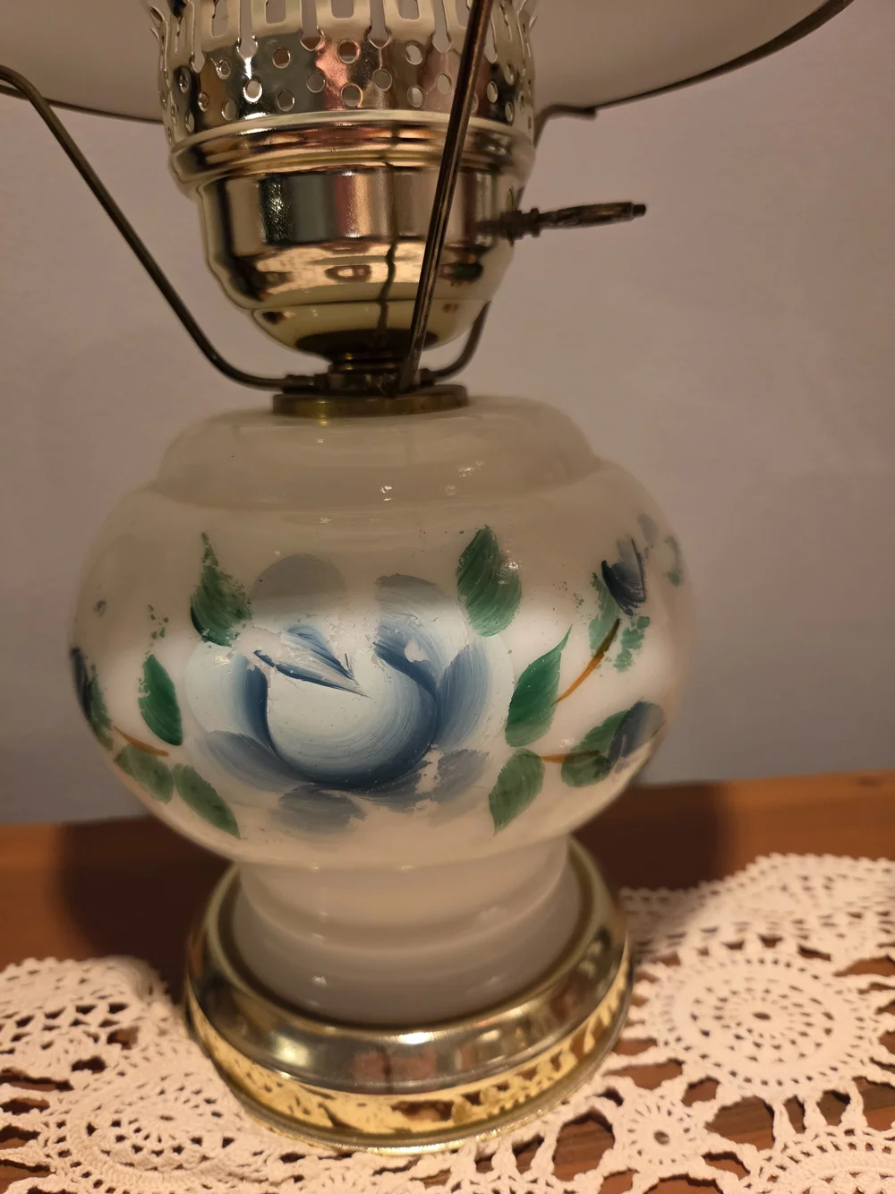 Vintage Hurricane Lamp Milk Glass Hand-Painted Blue Roses Cottage Grandma